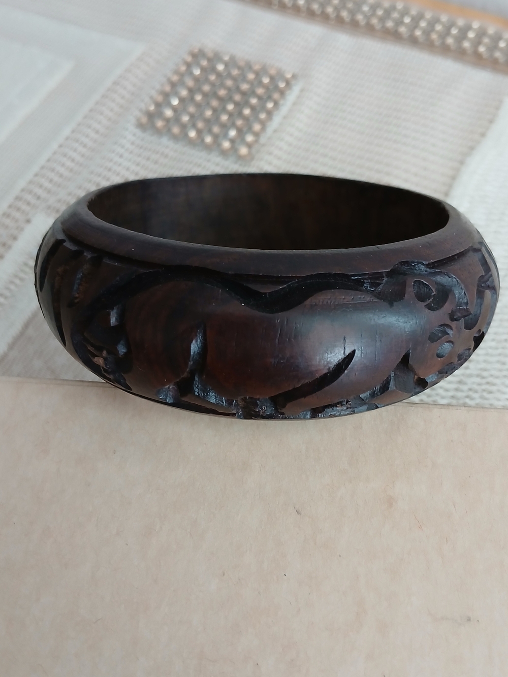 Vintage Wood African Hand Carved RHINOCEROS  Bangle Bracelet